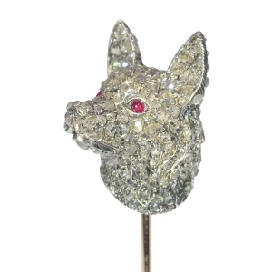 Gentleman s Best Friend: Antique Diamond Set Dog Head Tie Pin with Rubies